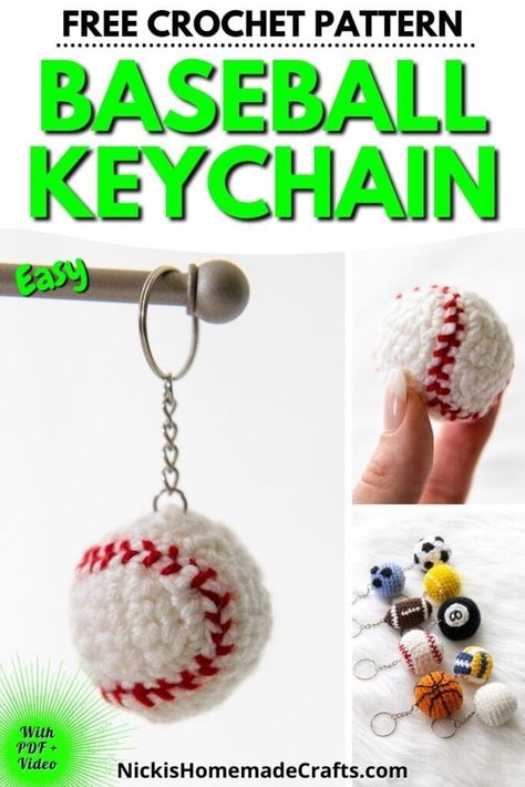 Crochet Baseball Keychain Pattern Free, Sport Yarn Crochet Free Pattern, Baseball Amigurumi, Crochet Football Keychain Pattern Free, No Sew Crochet Keychain Patterns, Quick And Easy Crochet Keychain, Crochet Softball Pattern, Crochet Letter Keychain Pattern, Creative Keychains