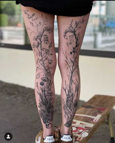 Identity Tattoo Ideas, Forest Leg Tattoos Women, Black And White Vine Tattoo, Flowers Growing Up Legs Tattoo, Leg Plant Tattoo, Nature Theme Tattoo, Forest Leg Tattoo, Botanical Tattoo Sleeve Vintage, Floral Tattoo Leg