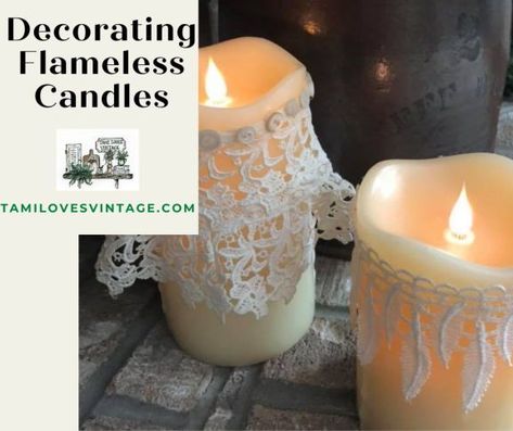 Hi, friends! Today I have a really quick and easy project for you. I am working on decorating flameless candles and I wanted to share how it do it! These candles make the perfect addition to your vintage decor. So grab a couple of faux candles, some pretty lace, and your glue gun. And let's get crafting! Faux Candles Decor, How To Remake Candles, Decoupage On Candles, Flameless Candles Decorating Ideas, Modge Podge Candle Holder, Can You Mudge Podge On The Tall Flameless Candles, Flameless Candle Decor, Decoupage Candles Handles, Diy Crafts Vintage