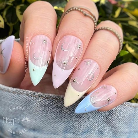 ✨ Press on Nails available X-Short - Long ✨ Link in Bio ✨Sizing Kits available ✨ ✨ Hand Painted ✨ Reusable ✨ Perfect for short time wear or longer ✨ Prep kit & nail tabs included ✨ Salon quality ✨ Vegan & Cruelty free ✨ Eco packaging #pastelaesthetic #pastelnails #pastelgoth #summerpressonnails #aprespressonnails #eyeartwork #eyeart #quirkywedding #quirkyfashion #witchynails #witchyvibes #shortpressonnails #extrashortpressons #gelxpressons #celestialwedding #celestialnails #springnail... Spring Witchy Nails, Spring Goth Nails, Cottage Core Nails, Nails Celestial, Pastel Nails Spring, Short Nail Bed, Goth Spring, Gold Goth, Vibrant Nail Colors