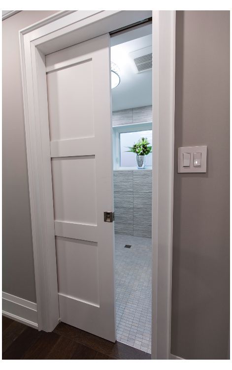 Modern Pocket Door Bathroom, Pocket Door Bathroom Layout, Door From Master To Bathroom, Sliding In Wall Door, Modern Pocket Doors Kitchen, Modern Farmhouse Pocket Doors, Bathrooms With Sliding Doors, Sliding Pocket Door Bathroom, Farm Doors Sliding Bathroom