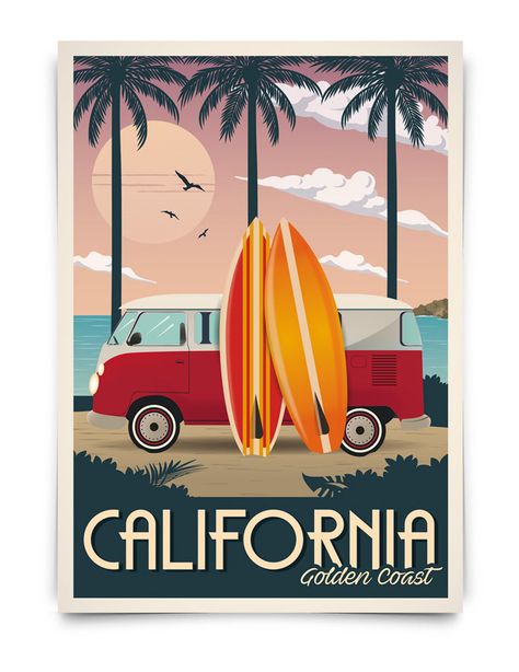 California vintage travel poster on Behance Golden Coast, California Poster, Surf Poster, Tourism Poster, Retro Travel Poster, Vintage California, Vintage Travel Poster, Travel Wall Art, Surf Art