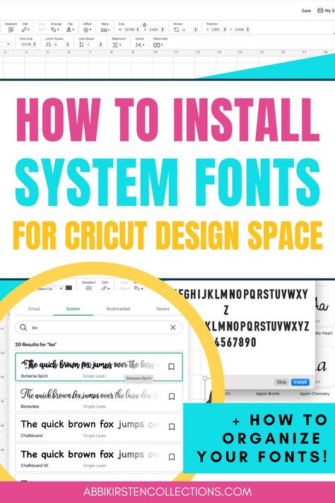 Large image shows how to install system fonts for Cricut Design Space. Embroidery Machine Applique Tutorial, Machine Applique Tutorials, Pretty Script Fonts, Fonts For Cricut, Space Font, Cricut Access, Cricut Svgs, Sports Fonts, Applique Tutorial