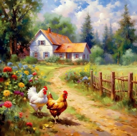 Farm Scene Painting, Watercolour Landscapes, Fantasy Realm, Farm Photos, Farm Paintings, Chicken Painting, Barn Painting, Chicken Art, Cottage Art