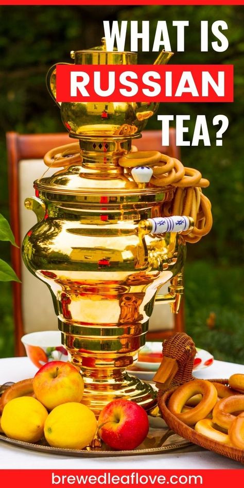 Russian tea is a large part of Russia's social culture and is prepared from strongly-steeped black tea leaves. Tea in Russia is served without dairy and from a steeping urn known as a samovar. Russia Tea, Russian Tea Mix Recipe, Russian Tea Time, Russian Samovar, Rosemary Tea, Tea History, Black Tea Leaves, Russian Tea, Fruit Tea