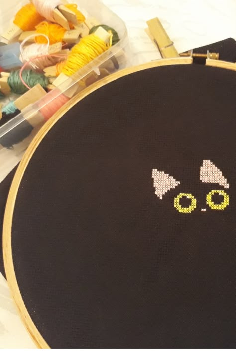 Cross Stitch Decoration, Black Cross Stitch, Black Canvas Cross Stitch, Cross Stitch Black Background, Cross Stitch Cat, Cute Cat Cross Stitch, Horror Cross Stitch, Black Aida Cross Stitch, Easy Cat Cross Stitch Patterns