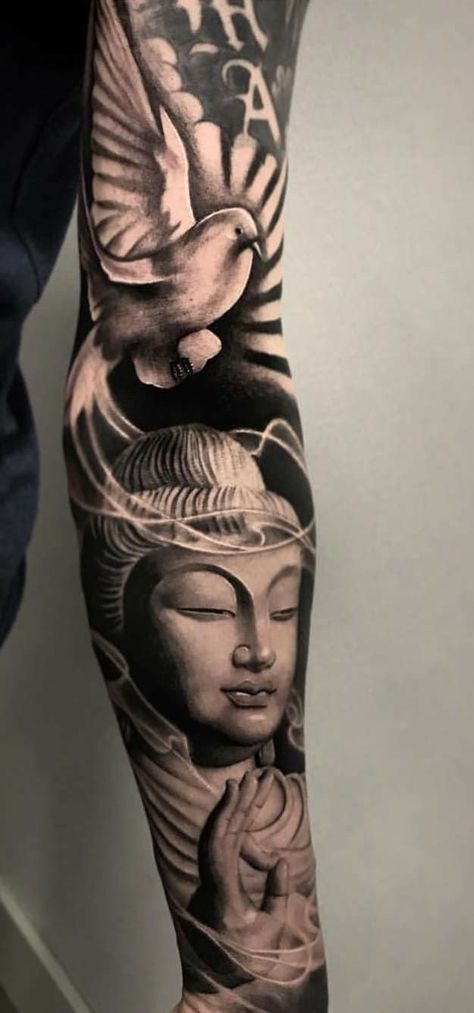 Buddhist Tattoo Sleeve, Buddha Tattoo Sleeve, Buda Tattoo, Tiger Tattoo Sleeve, Tattoo Samples, Masculine Tattoos, Egyptian Tattoo Sleeve, Buddhist Tattoo, Skull Girl Tattoo