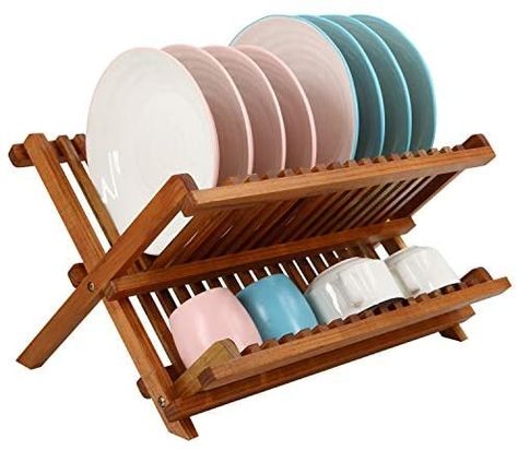 Teak Dish Drainer Rack Collapsible 2 Tier Dish Rack Dish Drying Rack Plate Holder for Kitchen Compact Foldable #kitchen #household Wooden Dish Rack, Plate Organizer, Flatware Holder, Bamboo Dishes, Wood Dishes, Kitchen Sink Storage, Wooden Dishes, Dish Drying Rack, Dish Drainers