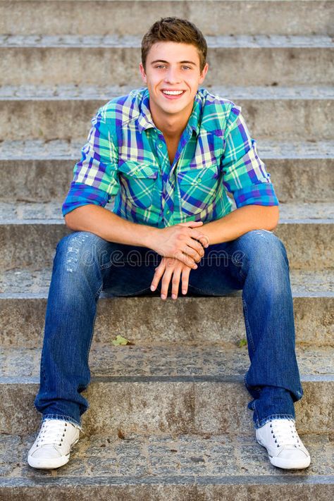 Casual Guy Sitting On Stairs Stock Image - Image of smile, happy: 15160513 Pictures On Stairs, Guy Senior Poses, Casual Guy, Sitting On Stairs, How To Draw Stairs, Guy Sitting, Sitting Pose Reference, Smile Images, Senior Pictures Boys