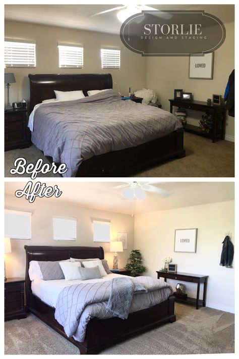 Master Bedroom (Before and After) Staging sells!  New accessories and lights is all that was needed. Staging Before And After, Home Staging Ideas Before And After, Bedroom Staging Ideas To Sell, Staging A Bedroom To Sell, Staging A House To Sell Before And After, Bedroom Before And After, Bedroom Staging Ideas, Townhouse Aesthetic, Staged Bedroom