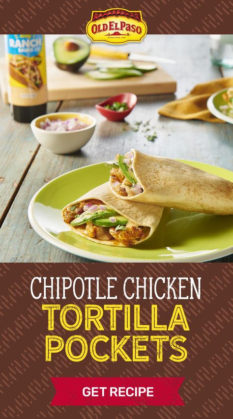 tex mex, tex mex recipes, tex mex tortilla pockets, tortilla wrap pockets, taco pocket with tortillas, chipotle chicken recipe, quick and easy recipes, old el paso recipes Tortilla Pockets, Chipotle Chicken Recipe, Chipotle Recipes Chicken, Chicken Pockets, Zesty Ranch, Ranch Sauce, Chicken Taco Seasoning, Chipotle Chicken, Fresh Avocado