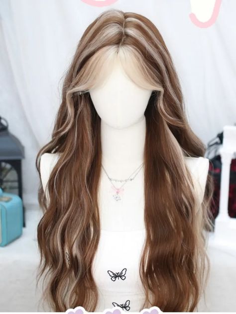 Brown Highlight Long Wavy Synthetic Wig with Curtain Bangs Blond Curtain Bangs Brown Hair, Wavy Long Hair With Layers And Bangs, Curled Curtain Bangs, Brown Hair Blonde Tips, Curtain Bangs With Highlights, Hair Ethereal, Brown Hair Wigs, Wig With Curtain Bangs, Ethereal Hair