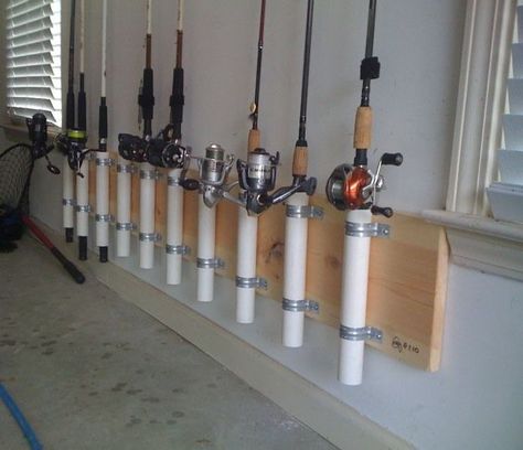 Fishing Pole Organization Ideas, Pvc Fishing Rod Storage, Fishing Rod Organization Ideas, Fishing Storage Ideas Garage, Garage Fishing Rod Storage, Fishing Rod Holders For Garage, Fishing Pole Storage Diy, Fishing Storage Ideas, Fishing Pole Holder Diy