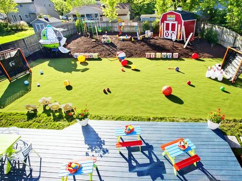 Kids Outdoor Spaces, Playground Landscaping, Family Backyard, Backyard Layout, Blue Patio, Backyard Playground, Backyard Retreat, Backyard Living, Backyard For Kids