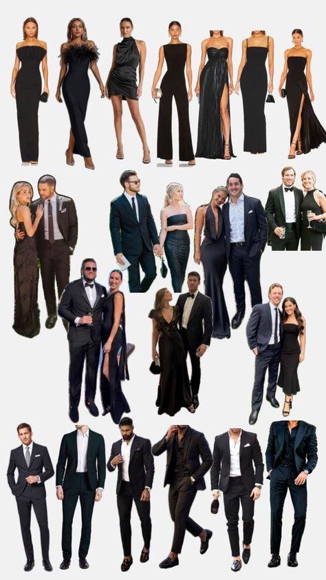 BLACK dress code Black Wedding Guest Attire Men, Black Tie Wedding Guest Men Dress Codes, Wedding Guests All Black, Black Tie Dress Code For Men, All Black Wedding Guest Attire, Black Tie Theme Party Outfit, Black Wedding Guest Attire, Wedding Guest Dress Code, Black Wedding Guest Outfits