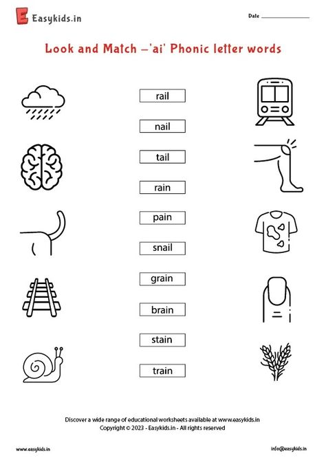 Look And Match -'ai' Phonic Letter Words Worksheet 4B2 Abc Order Worksheet, Digraphs Worksheets, Words Worksheet, Phonics Worksheets Free, Beginning Sounds Worksheets, Blends Worksheets, Vowel Worksheets, Word Family Worksheets, Kindergarten Reading Worksheets