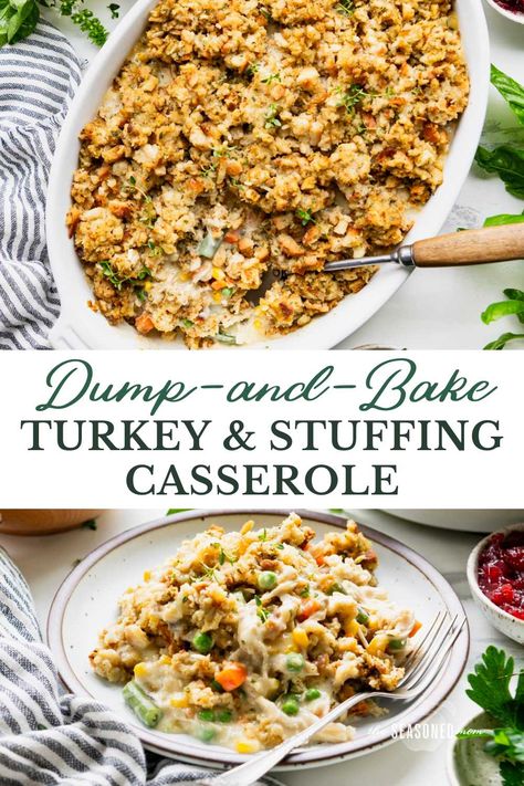 This easy turkey stuffing casserole is a quick dump-and-bake dinner that takes advantage of Thanksgiving leftovers (or a box of Stove Top stuffing mix)!This easy turkey stuffing casserole is a quick dump-and-bake dinner that takes advantage of Thanksgiving leftovers (or a box of Stove Top stuffing mix)! Recipes With Stuffing In It, Ground Beef Stuffing Casserole, Thanksgiving Leftover Stuffing Recipes, Leftover Turkey Recipes Casserole With Stove Top Dressing, Turkey Stuffing Bake, Ground Turkey And Stuffing Recipes, Turkey Stuffing Casserole Leftover, Ground Turkey And Stuffing Casserole, Turkey And Dressing Casserole Recipes