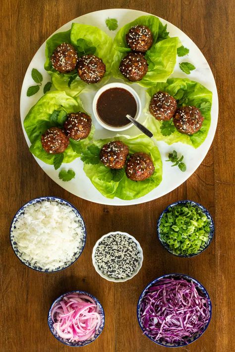 Looking to eat a little lighter and leaner? These Korean Meatball Lettuce Wraps are easy, healthy and so delicious! The meatballs also make a fabulous appetizer! #koreanmeatballs, #koreanbeef, #meatballlettucewraps Meatball Lettuce Wraps, Korean Bbq Meatballs, Korean Meatballs, Balsamic Glazed Chicken, Italian Meatballs Recipe, Bbq Meatballs, Glazed Meatballs, Recipes Meatballs, Tasty Meatballs