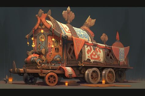 Created by me, please ask before you use it. Voidlessname on Midjourney Fantasy Caravan Concept Art, Caravan Concept Art, Fantasy Wagon, Fantasy Caravan, Fantasy Transport, Traveling Caravan, Wagon Interior, Fantasy Plants, Hunted House