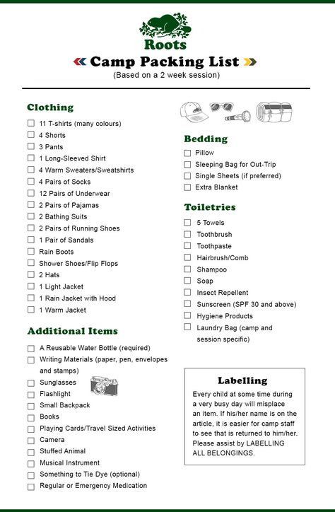 The official Roots Canada summer camp packing list. (We like to think we've got the whole camping thing down pat!) Camp America Packing List, Summer Camp Counselor Packing List, Camp Essentials For Girls Summer, Camping Packing List Women, What To Pack For Summer Camp 1 Week, Soccer Camp Packing List, What To Pack For Summer Camp, Things To Bring To Camp, Summer Camp List