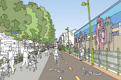 Fresh renderings show off South LA’s future bike and pedestrian path - Curbed LA Pedestrian Lane, Future Bike, Pedestrian Walkway, Blue Lines, Bike Lane, Walking Paths, Bike Path, City Bike, Affordable Housing