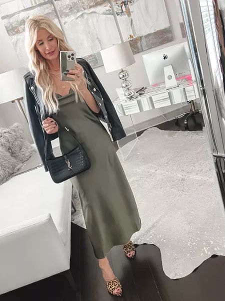 This gorgeous slip dress would be perfect for a fall wedding guest dress or give it an edge with a leather jacket like I did ✨️ I'm wearing an XS. Wedding Guest Jacket Over Dress, Wedding Guest Jackets, Jacket Over Dress, Gold Slip Dress, Fall Wedding Guest, Over Dress, Fall Wedding Guest Dress, Brown Fall, Girls Night Out