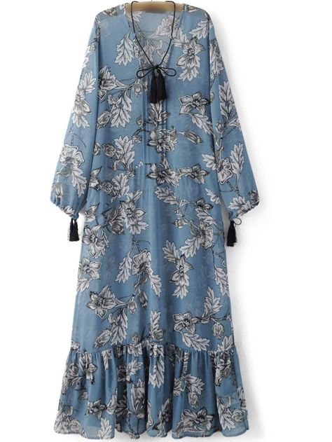 Free Returns ✓ Free Shipping On Orders $49+ ✓. Tassel Tie Neck Bishop Sleeve Flounce Dress- Women Dresses at SHEIN. Dresses Shein, Mode Abaya, Long Sleeve Shift Dress, Flounced Dress, Maxi Dress Online, Flowers Print, Vestidos Vintage, Shein Dresses, Dresses Blue