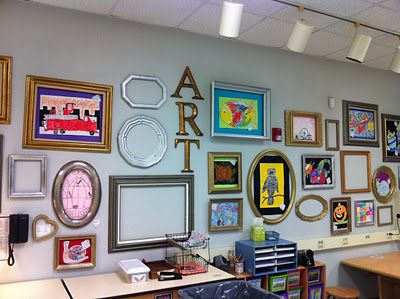 Apex Elementary Art: Wall of Frames for student artwork Wall Of Frames, Art Classroom Organization, Art Room Posters, Art Classroom Management, Classe D'art, Elementary Art Rooms, Art Classroom Decor, Room Display, Class Decoration