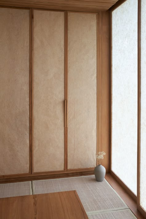 A Warm, Japanese-Inspired Private Studio in Bali | Softer Volumes Minimal House Design Interior, Japanese Closet, Japanese Wardrobe, Wine Bar Design, Resort Interior Design, House Design Interior, Minimal House, Carpentry And Joinery, Joinery Design