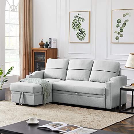 Olodumare Convertible Sectional Sofa Couch Pull Out Bed Sleeper Sofa with Storage 3 Seater L Shaped Couch Linen Upholstered Fabric Corner Sofa with 2 Cupholders for Living Room (Grey) L Shape Sofa Cum Bed, Sofa Cum Bed, Storage Sofa, Gray Sectional, Modern Sofa Couch, Pull Out Sofa Bed, Storage Chaise, Grey Sectional, Sectional Sleeper Sofa