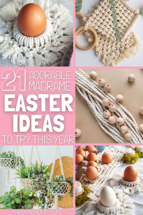 Check out these super cute macrame Easter DIY ideas!  There are plenty of macrame projects for different adorable Easter decorations that you've got to see!  | free macrame patterns for Easter | spring macrame | macrame bunny pattern | macrame Easter basket | macrame rabbit | macrame flower Easter Macrame Ideas Diy, Macrame Easter Basket, Rabbit Macrame, Macrame Basket Diy, Spring Macrame, Easter Macrame, Macrame Easter, Macrame Projects Ideas, Easter Plants