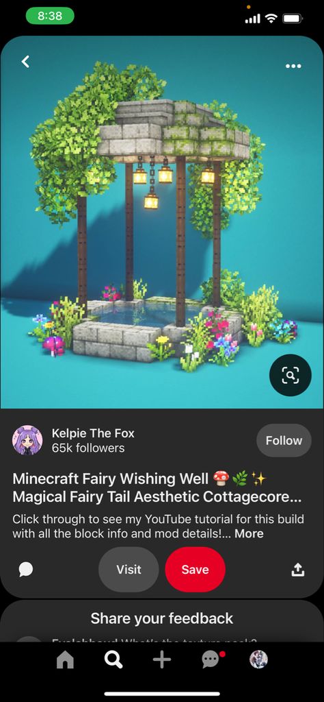 Minecraft Building Ideas Well, Wishing Well Minecraft Cottagecore, Minecraft Pond Fountain, Mini Fountain Minecraft, Minecraft Well Cottagecore, Minecraft Wishing Well Ideas, Minecraft Village Fountain, Minecraft Flower Garden Design, Minecraft Lamp Post Ideas Cottagecore