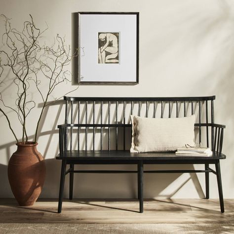 Aspen Bench Matte Black Four Hands Bench With Painting Above, Spindle Bench Entryway, Bench Styling Entryway, Entryway Bench And Hooks, Entryway Seating Ideas, Bench Seat Entryway, Black Entryway Bench, Entryway Vignette, Entryway Seating