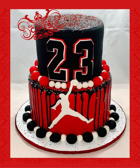 Sally T on Instagram: “#Jordan #michaeljordan #airjordan #birthdaycake #redandblack #dripcake #occasional_cakes #stl #stlouis #saintlouis #ballwinmo…” Shoe Cakes For Men, Air Jordan Cake Ideas, Jordan Year Birthday Cake, Jordan 23 Cake, Jordan Theme Cake, Jordan 23 Birthday Ideas, 23 Jordan Year Birthday Ideas, Jordan Cake Ideas, Sneaker Ball Cake