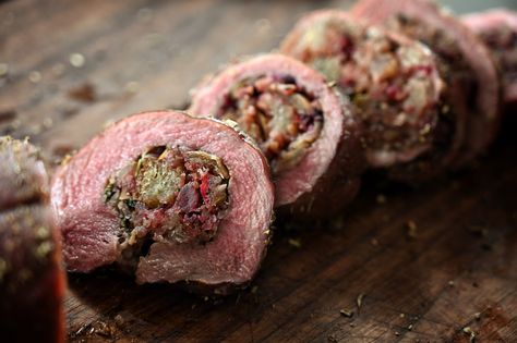 Holiday Venison Roulade Roast Venison Recipes, Venison Stew Crockpot, Cranberry Sourdough, Marinated Steak Recipes, Venison Casserole, Sourdough Stuffing, Venison Steak Recipes, Venison Backstrap Recipes, Backstrap Recipes