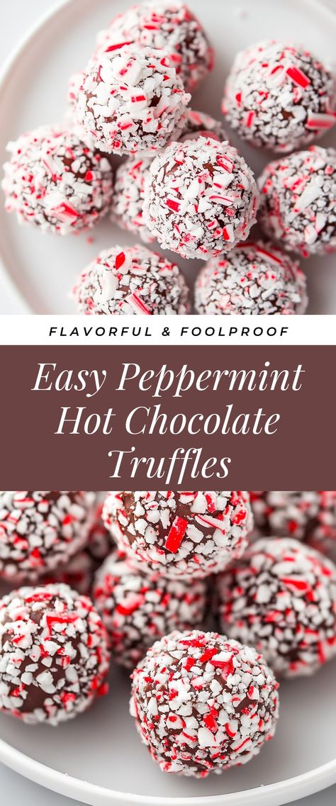 Image for Easy Peppermint Hot Chocolate Truffles Peppermint Chocolate Truffles, Peppermint Truffles Recipe, Hot Cocoa Truffles, Peppermint Chocolate Desserts, Chocolate Peppermint Recipes, Christmas Catering Ideas, Truffles Recipe Easy, Chocolate Peppermint Truffles, Hot Chocolate Truffles