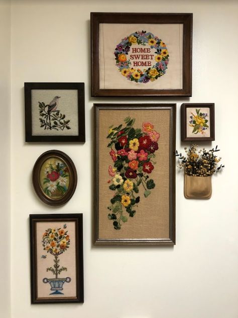 Framed Cross Stitch How To Display, Cross Stitch Display Ideas Wall Art, Stitched Wall Art, Wildflower Gallery Wall, Embroidery Wall Art Frames, Cross Stitch Wall Display, Framed Embroidery Wall Art Living Room, Crewel Gallery Wall, Cross Stitch Wall Decor