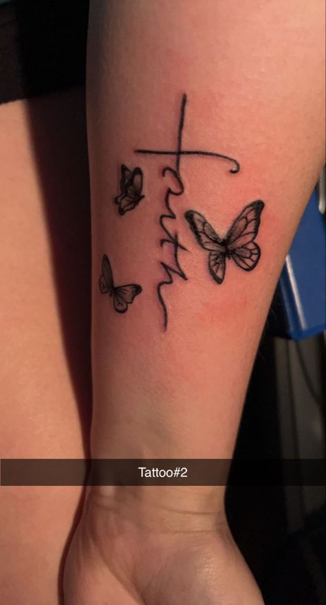 Faith And Butterfly Tattoo, Small Cross With Butterfly Tattoo, Faith Butterfly Tattoo, Cross With Butterfly Tattoos For Women, Cross And Butterfly Tattoo, Butterfly Tattoo Black Women Arm, Faith With Butterfly Tattoo, Neck Tattoos Women Side, First Time Tattoo Ideas Woman