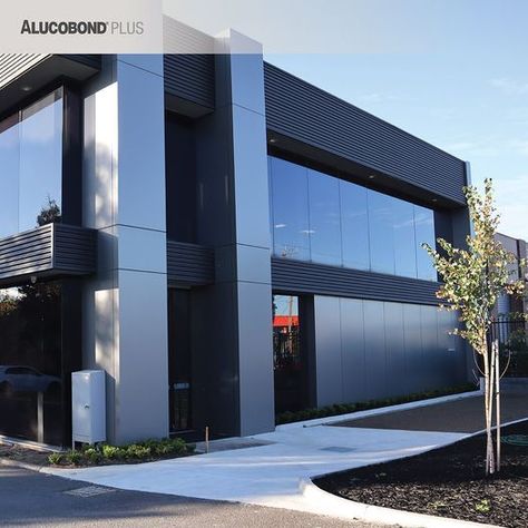 The Alfex CNC Australia factory located in Thomastown, Victoria has been reclad with ALUCOBOND® PLUS. 300m2 of ALUCOBOND® PLUS in a Grey Metallic colour has been used on the fascia, giving the building a modern and fresh look. ALUCOBOND® PLUS is a great choice for residential facades or Type C commercial applications. Installer: JE Cladding Builder: Owner Builder Aluminium Battens Facade, Aluco Bond Facade, Alucobond Cladding, Aluminum Panel Facade, Aluminium Panel Facade, Aluminium Timber Look Cladding, Factory Facade Design, Factory Facade, Owner Builder