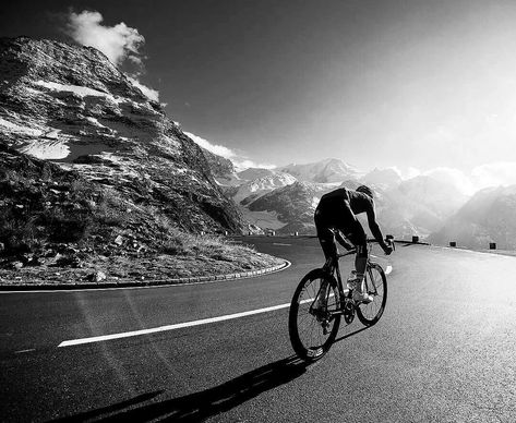 Lone Cyclist on Winding Mountain Road #cycling #blackandwhitephotography Road Cycling Photography, Cyclist Photography, Clinic Art, Cycling Pictures, Cycling Photography, Gym Art, Fitness Photos, Beautiful Bike, Health Fitness Motivation