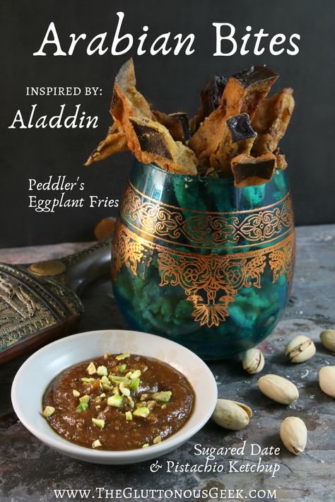 Peddler's Eggplant Fries and Sugared Date & Pistachio Ketchup inspired by Disney's Aladdin. Recipe by The Gluttonous Geek. Book Inspired Recipes, Aladdin Recipes, Fictional Recipes, Literary Recipes, Movie Inspired Recipes, Geek Recipes, Movie Recipes, Themed Meals, Movies Food