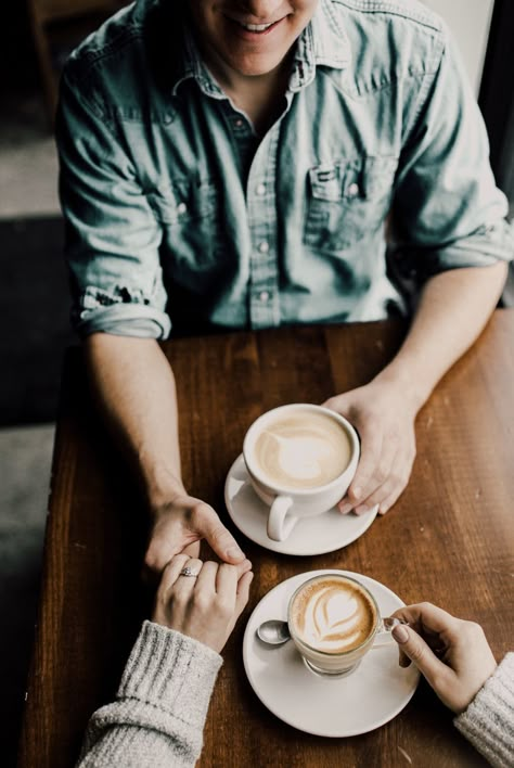 Coffee Engagement Photos, Prenuptial Photoshoot, Coffee Shop Photography, Couple Coffee, Coffee Shot, Couple Engagement Pictures, Engagement Pictures Poses, Coffee Photos, Couple Photoshoot Poses