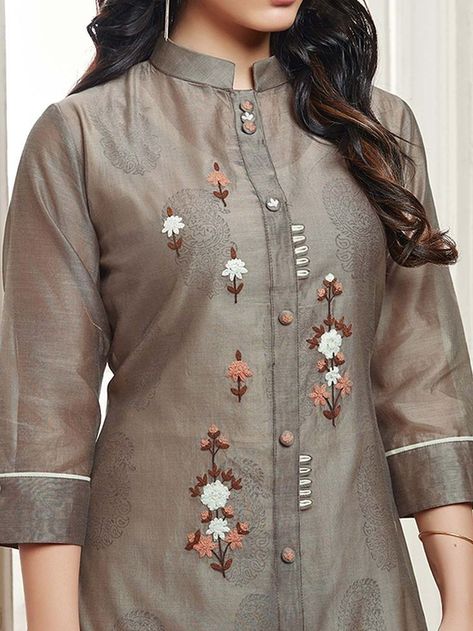 47 latest kurti ban collar neck designs Silk Kurti Designs, Indian Kurti Designs, Churidar Neck Designs, Kurti Sleeves Design, New Kurti Designs, Mode Kimono, Designer Kurti Patterns, Simple Kurti Designs, Embroidery On Kurtis