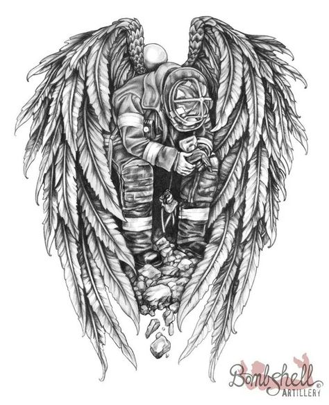 Simple Firefighter Tattoo, Iron Worker Tattoo, Firefighter Tattoo Sleeve, Guardian Angel Tattoos, Fireman Tattoo, Firefighter Drawing, Archangel Michael Tattoo, Fighter Tattoo, Ems Tattoos