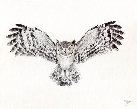 Great Horned Owl by WingedKobraTheThird Tattoo Lower Bicep, Owl Wingspan Tattoo, Owl With Open Wings Tattoo, Large Owl Tattoo, Owl Tattoo Wings Open, Horned Owl Tattoo Design, Great Horned Owl Tattoo Drawing, Back Owl Tattoo, Owl In Flight Tattoo