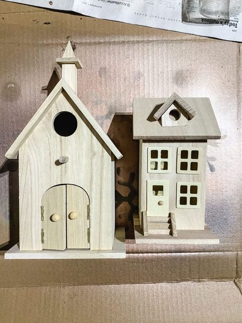 Houses Cottage, Diy Christmas Village Houses, Farmhouse Gifts, Wood Houses, Diy Christmas Village, Pottery Barn Inspired, Birdhouse Designs, Christmas Village Houses, Christmas Village Display