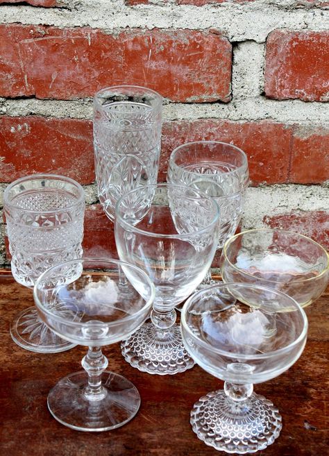 Wedding rentals. Mismatch glassware for a unique table setting. Vintage rentals from DIY LA Bride, Los Angeles Vintage Glassware Wedding, Glasses Table Setting, Wedding Glassware, Unique Table Settings, Wedding Wine Glasses, Wedding Champagne Glasses, Garden Wedding Reception, Miss Match, Brown Wedding