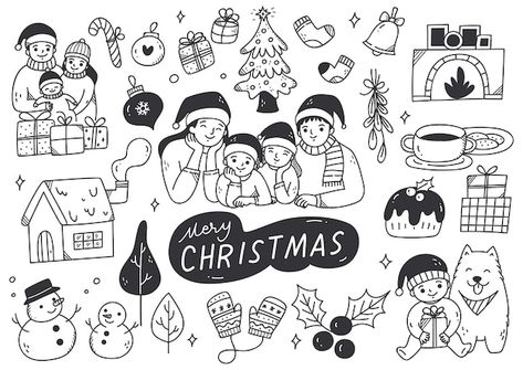 Family christmas celebration | Premium Vector #Freepik #vector #christmas-handdrawn #christmas-seamless #holiday-patterns #christmas-patterns Christmas Celebration Drawing, Celebration Drawing, Doodle Christmas, Christmas Cartoon Characters, Tree Doodle, Christmas Graphic Design, Holiday Graphics, Graphic Design Cards, Doodle Pages