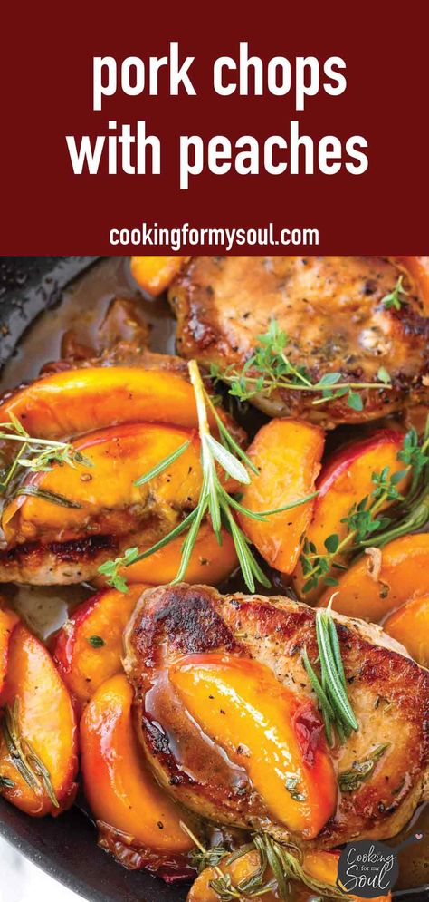 Pork Chops and Peaches Pioneer Woman Apple Cider Pork Chops, Pork Chops With Peaches Recipe, Peach Jalapeño Pork Chops, Pork Chops Peaches, Pork Chop And Peaches Recipes, Peach Pork Chops Baked, Pork Chop With Peaches Recipes, Pork Chop Peaches Recipe, Pork With Peaches