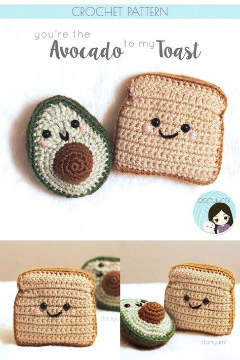 Fun little amigurumi slice of toast with half an avocado crochet pattern! How adorable is this as play food or little kitchen decorations? You could even put a sponge inside for a cute little kitchen scrubby! #crochetpattern #amigurumipattern #amigurumiplayfood #crochetplayfood #playfoodpattern #avocadotoast #breadobsessed #craftevangelist Bread Crochet, Avocado Crochet, Etsy Knitting Patterns, Small Crochet Gifts, Late To The Party, Kitchen Decorations, Yarn Pom Pom, Crochet Food, Kawaii Crochet